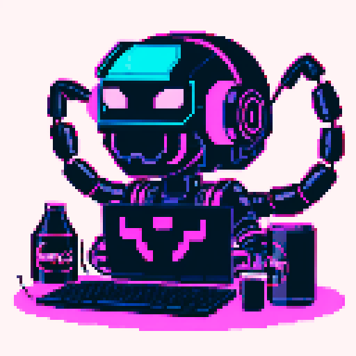 cute cyberpunk scorpion with human head, human head is from anime inspired character with short pink hair, expressive eyes, a playful smiling face, and a mouth mask, scorpion is playing computer games, tables with coca cola, scorpion's tail should be fully in the picture, yellow and cyan and light blue light