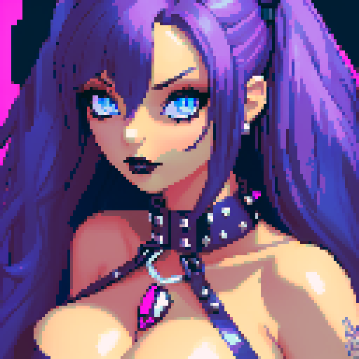 curvy, busty goth babe with studded collar. Nude big titty goth, in a close up nude glamour shot. Neon lighting, modern tile backsplash.