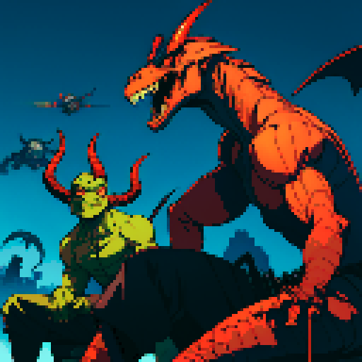 antagonist character, giant lizardman with devil horns, evil smile, laser gun in hand, long tongue, sRGB, pixel art