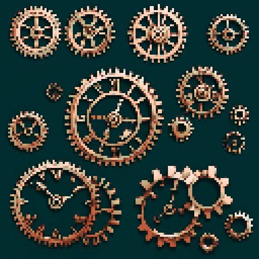 I want a copper gear that looks like it was made by a master clockmaker. It should have strange mechanical details that could interlock with each other. I also want this object usable an asset in a videogame, meaning only one object per image, outlined with a strong black stroke, on a solid-color background.
