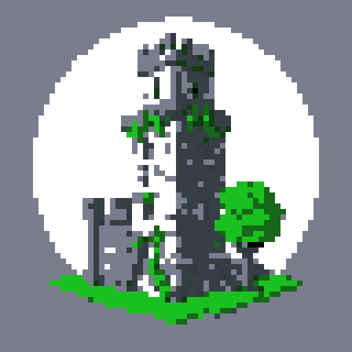 2d grey stone tower in an ancient english style. Old and crumbling but still upright. Green vines crisscross it. Usable as an asset (clear, thick lines and a white background). Put a black stroke around the composition