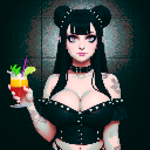 Curvy cute goth girl bartender, long hair in buns with bangs, dark smoky eyes, black studded choker, fishnet stockings, pouring colorful cocktails. busty goth babe with studded collar, wearing buckled halter top, in a full face portrait with a glamour shot aesthetic, against a moody tile backsplash, capturing an edgy pixel art style in sRGB