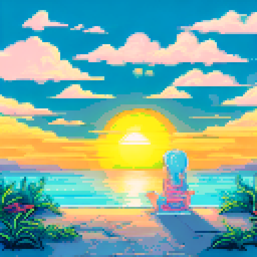 sunset by the beach, sitting on the sand, looking at the horizon, cute colors pink 