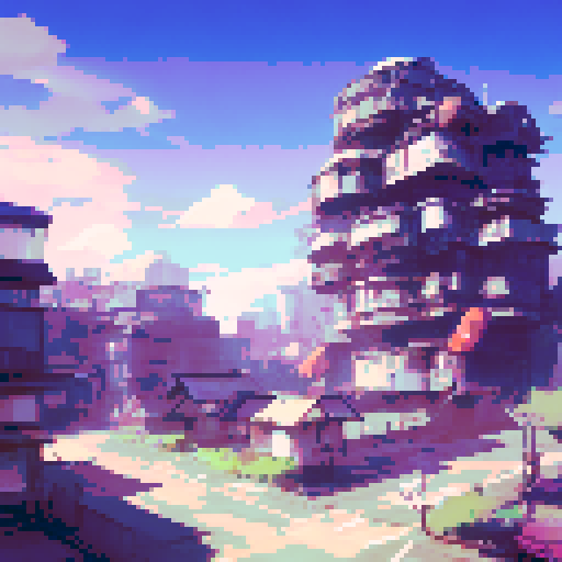 Rust-covered Волга газ 3102 speeds past towering ruins and twisted metal in a post-apocalyptic wasteland, all depicted in a vibrant, anime style.