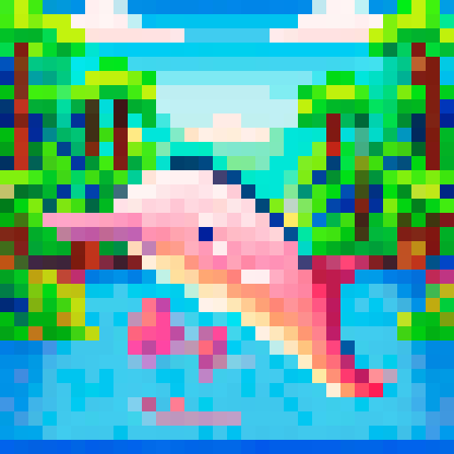 a pink dolphin jumping in a river in the middle of a rainforest