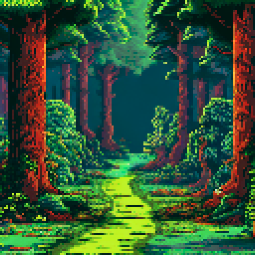 Ghibli-inspired forest in the NES pixel art style