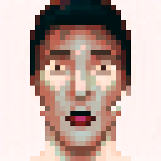 Pixelated close-up portrait of a skillful game icon, featuring vibrant colors and intricate details in 32x32 pixel art style.