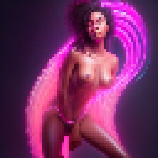 Makima, alluring and confident, perches nude atop a sleek black chair, her form illuminated by a neon pink glow, beckoning to the viewer in a hyperrealistic digital art style.
