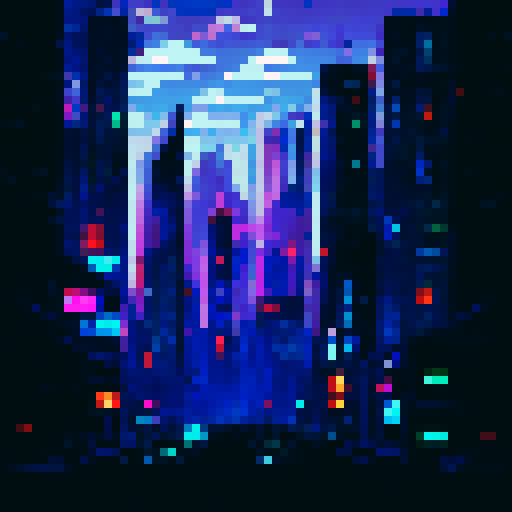Towering skyscrapers with pulsing neon lights, reflecting off the slick pavement of a bustling, futuristic metropolis at night, all rendered in crisp pixel art with a detailed sRGB background