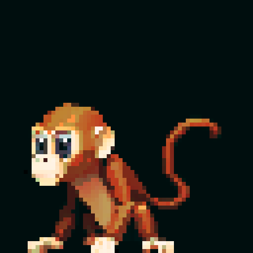 wooden, mechanical-feel, monkey sculpture, branch in hand, sitting on floor, tilted head, white background, Jean-Baptiste Monge style, pixel art, sRGB