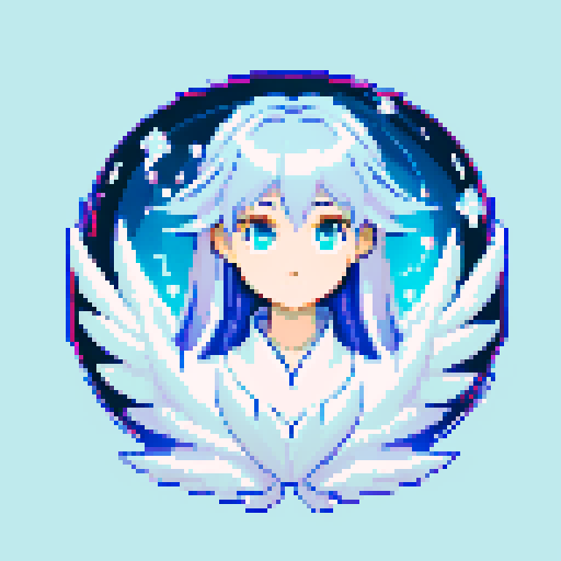 
Beautiful, ethereal angel with shimmering wings and flowing, liquid-like chrome body, rendered in minimalist pixel art with vibrant, dazzling sRGB colors. Big anime eyes. Visible nose 