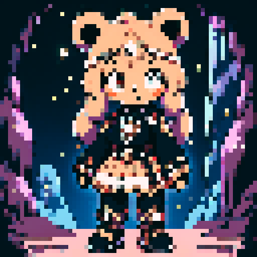 A graphic depiction of a bear in retro 1995 anime style, chibi form, with expressive black eyes and brown fur, styled with long twin pigtails. Wearing magical clothes with intricate belts and patches. Background of a wild magic night with a dark waterfall and bright stars. Created Using: classic anime aesthetics, detailed magical garments, enchanting night setting, vivid portrayal, star reflections, dynamic composition, hd quality --ar 2:3 --v 6.0