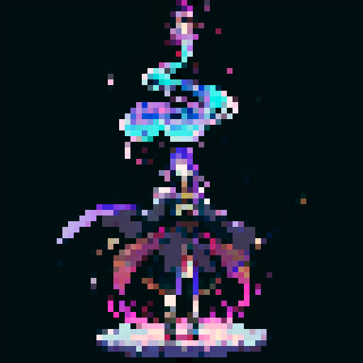 legendary anime girl wizard, floating above the ground, long flowing hair, dark and emo colors, glowing magical staff, intricate and ornate robes, intense and focused expression looking to the right, not wearing shoes, sparkling and shimmering background, sRGB