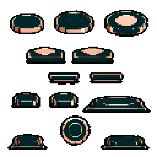 I want a horizontally wide circular copper platform. I want this object usable an asset in a videogame, meaning only one object per image, outlined with a strong black stroke, on a solid-color background. 