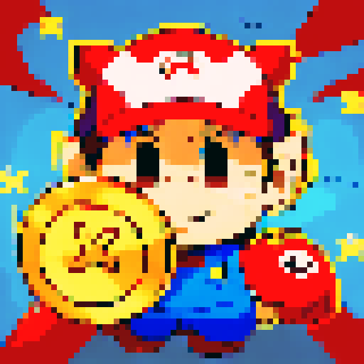 golden Mario coin, shiny surface, glimmering sparks, character portrait, close up, anime style, pixel art