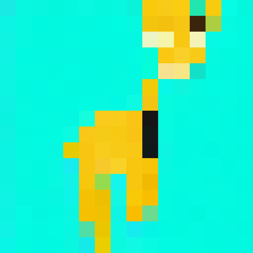 cartoon giraffe, tie, bright turquoise background, big eyes, visible pupils, game icon, 16x16, pixel art, close up, portrait