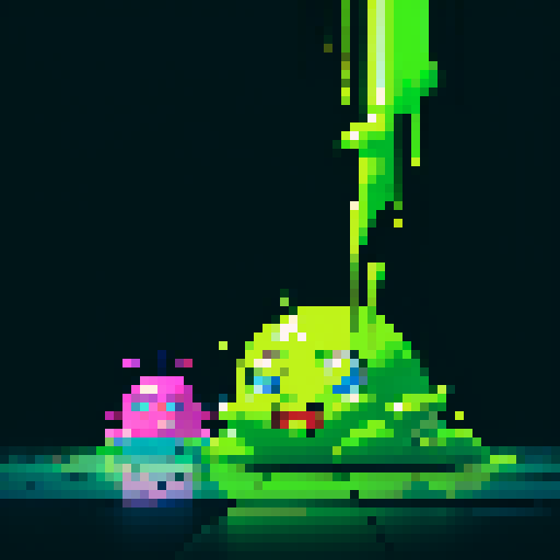 pixel art, sRGB, floor covered in neon green goo, colorful blobs oozing from the cracks, retro arcade game characters trying to avoid the sticky mess, vibrant glowing trails left behind by the goo, 8-bit style pixelation highlighting the slimy texture