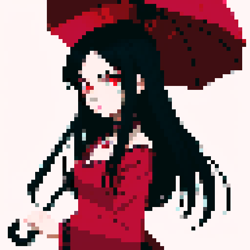 vampire girl with long black hair, pink eyes, dark red dress, umbrella, anime style