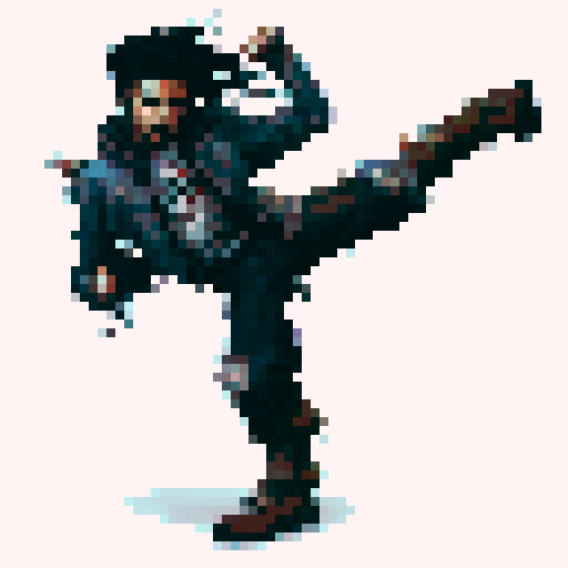 Spiky-haired punk thug, clad in gray denim jacket, blue pants, and brown boots, fiercely grunting while executing a high kick with guard up, depicted in a gritty, urban retro pixel art style.