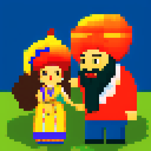 Sikh boy wearing turban and traditional attire, standing beside a curvaceous woman with fiery red hair, both surrounded by vibrant and bold pixelated patterns