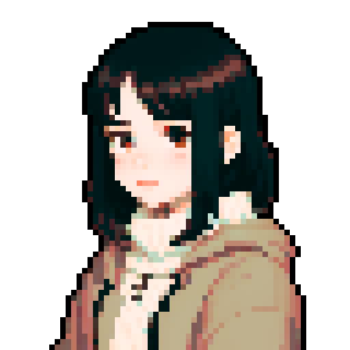 portrait, sprite art, young shy woman, cozy, cute, dark hair, dark eyes, neutral, curious, autistic, nerd
