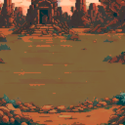 Desert-like battlefield with reddish-brown earth and scattered stones, leading to a mystical village. Ancient structures with arched doors and carved details stand among stone pillars and barren trees. A warm, dusty sky creates a surreal atmosphere, blending earthy tones with hints of mystery and decay.