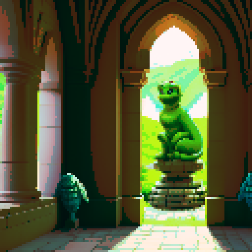 a live green basilisk surrounded by stone statues in a castle hall