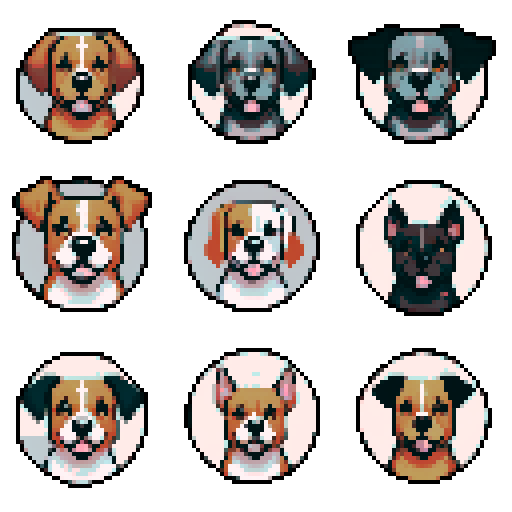clean pixel art, 9 circles containing dog faces