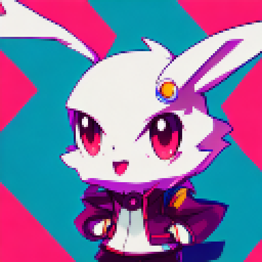 Bunny, big-eyed and kawaii, brandishing a sleek and shiny handgun, set against a vibrant, color-saturated anime background.