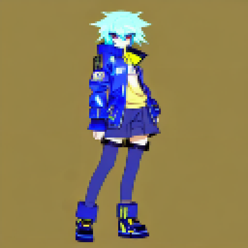 A cyberpunk themed character with yellow hair that has black highlights, with an oversized blue jacket, shooting with a gun, side view, JRPG style. No Background.
