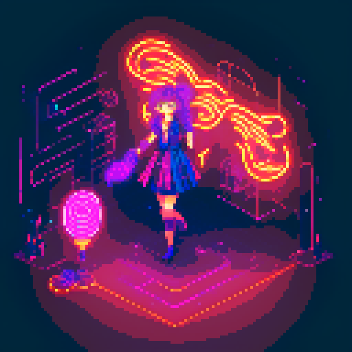 Mage anime girl with flowing hair, fluorescent tattoos, and a glowing staff, navigating through a purple neon-lit night market, vibrant colors, intricate patterns, retro aesthetics, pixel art