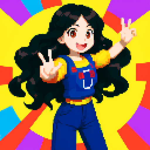 cute female, luscious wavy black long hair, brown eyes, bright smile, fair skinned, cheerful disposition, pixel art, sRGB, vibrant background, playful expressions, dynamic poses, animated gestures