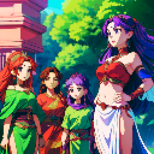 Four goddesses. One goddess is red. One goddess is blue. One goddess is green. One goddess is purple.