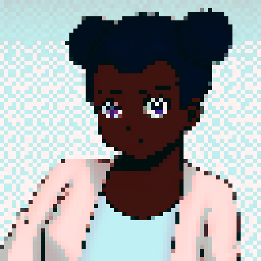 Teenage black girl with navy blue hair and purple eyes