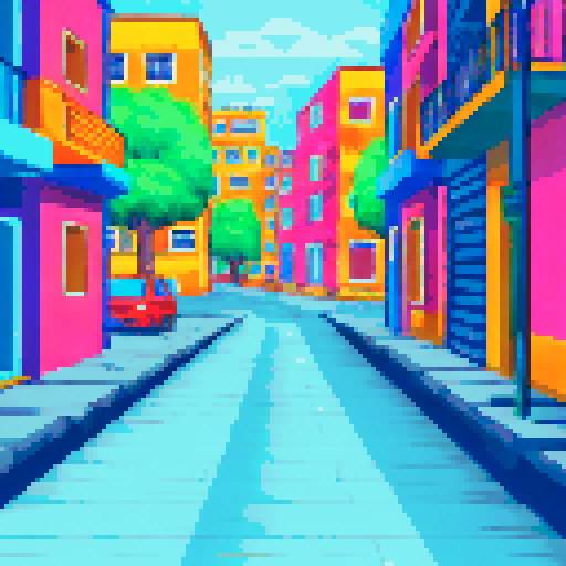 Peaceful streets in Mexico City, with vibrant houses, on a sunny day, with no one outside, no cars, no animals, no people the street is horizontal facing the houses