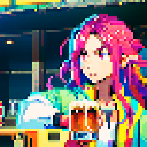 handsome, long-haired guy, vibrant colors, detailed pixel art, sRGB, beer