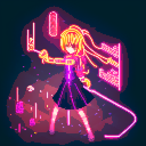 Mage anime girl, flowing hair, fluorescent tattoos, glowing staff, purple neon-lit night market, pixel art