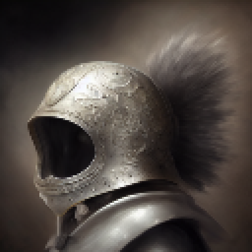 Medieval warrior's hollow helmet, black and white, embellished with intricate designs, emanating an eerie aura, set in a mystical fantasy world.