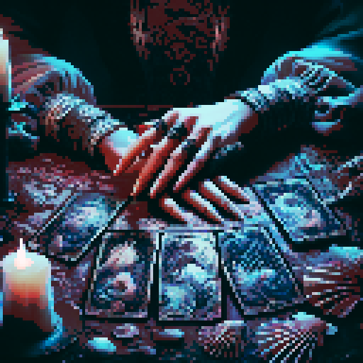 A close-up of a woman's hands over a table during a tarot card reading in a medieval dark style. The table is adorned with elements of the ocean such as sea shells, sand, and small pieces of coral. The atmosphere is mystical and dimly lit, with candlelight casting shadows that enhance the eerie and magical mood. The woman's hands are gracefully poised over the cards, which also have oceanic designs like waves and mermaids.
