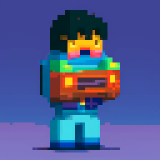 cityscape, urban graffiti, neon lights, brick buildings, bustling streets, vibrant colors, bold lines, retro video game aesthetic, 8-bit characters, low resolution, pixelated textures, digital art, vibrant color palette, contrast, shadows, highlights, perspective, depth, stylized characters, facial expressions, animated movements, dynamic poses, detailed backgrounds, urban atmosphere, nightlife, energetic, lively, youthful, camaraderie, friendship, laughter, adventure