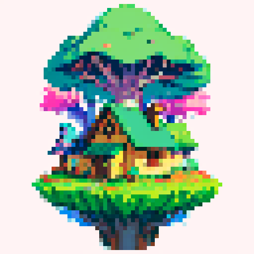pixel art landscape map with tall, vibrant trees, whimsical mushrooms, cozy houses, and colorful flowers
