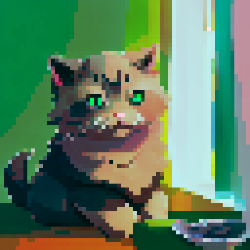 dark grey cat sitting on a window with its tail down, green eyes, garden outside window, sunset, landscape portrait