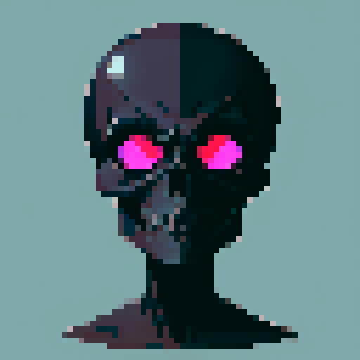 flat skull face, expressive eyes, dark colors, pixelated details, sRGB color space, blank background