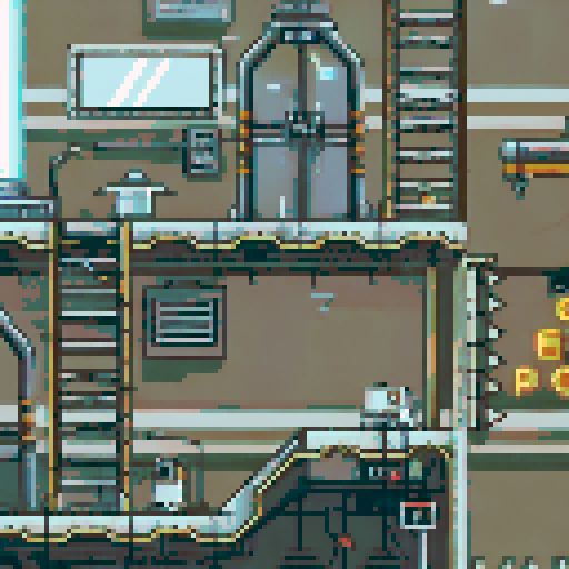 Dilapidated machinery, sparks flying, smog-filled air, towering metal structures, cracked concrete floors, flickering neon lights, rusted conveyor belts, broken windows, shattered glass, discarded robot parts, overgrown vines, eerie shadows, abandoned control panels