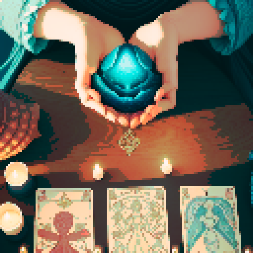 A close-up of a woman's hands over a table during a tarot card reading in a medieval dark style. The table is adorned with elements of the ocean such as sea shells, sand, and small pieces of coral. The atmosphere is mystical and dimly lit, with candlelight casting shadows that enhance the eerie and magical mood. The woman's hands are gracefully poised over the cards, which also have oceanic designs like waves and mermaids.