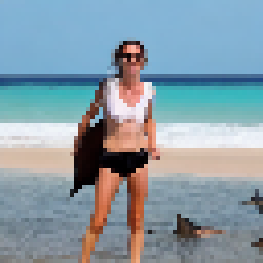 She is on an island in the middle of the sea, surrounded by sharks, and the sun is close to her and burns her
