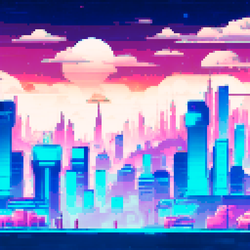 Sci fi planet, towering skyscrapers, neon lights, swirling clouds, metallic structures, alien vegetation, vibrant colors