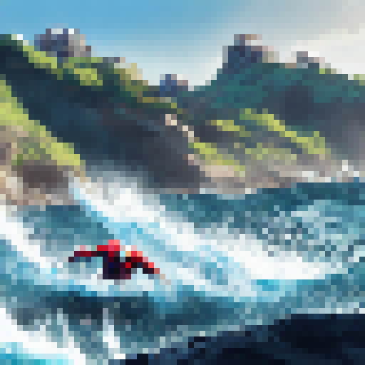 A fierce battle between Deadpool and Spider-Man on a sun-drenched beach, with crashing waves and sand flying in all directions.