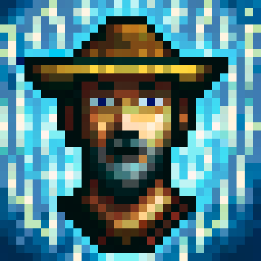 cowboy wearing a dusty brown hat, squinting under the sun, with a thick beard and piercing blue eyes, holding a revolver in his right hand and a lasso in his left, ready to rope a wild bull