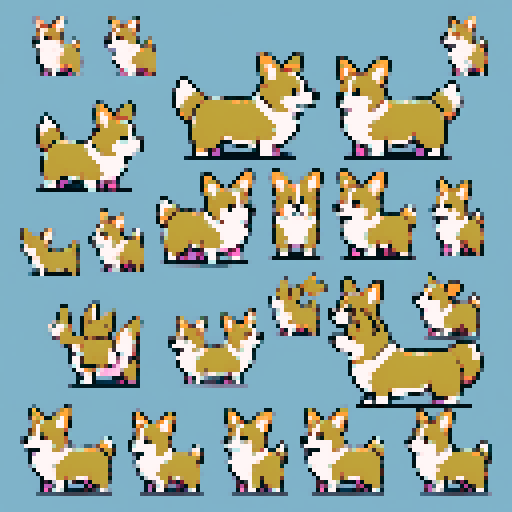 9 cute corgi dog sprites of different colors and poses